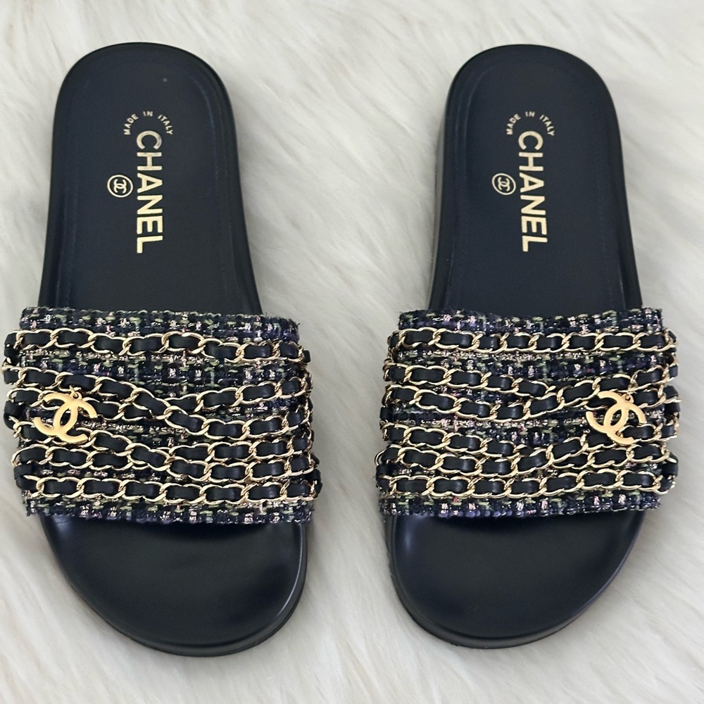 Chanel Tweed Leather Chain CC Sandals with Luxurious Detailing